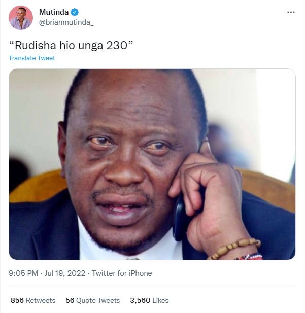 Mutinda brianmutinda rudisha hio unga 230 translate tweet 9.05 pm jul 19, twitte