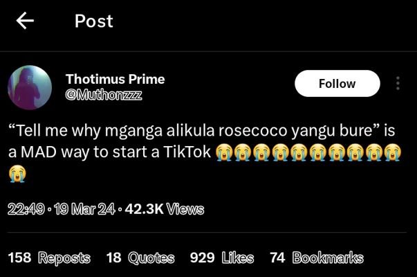 Post thotimus prime muthonzzz follow tell me why mganga alikula rosecoco yangu b