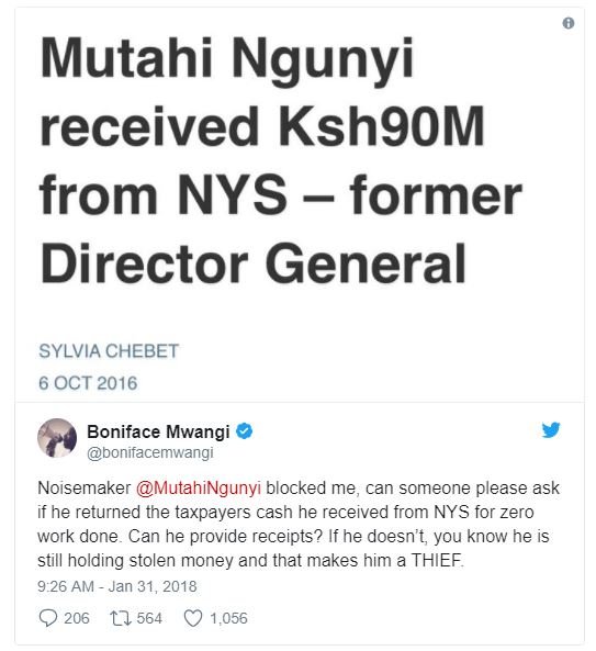Mutahi ngunyi received ksh9om from nys former director general sylvia chebet oct