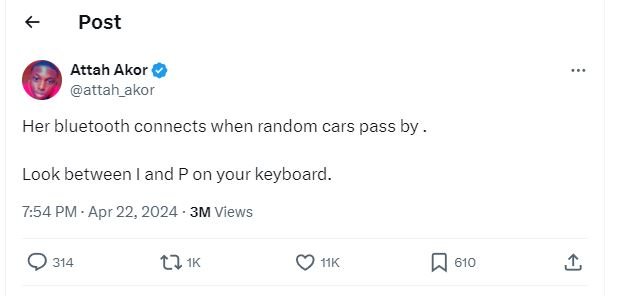 Post attah akor attah_akor her bluetooth connects when random cars pass by look