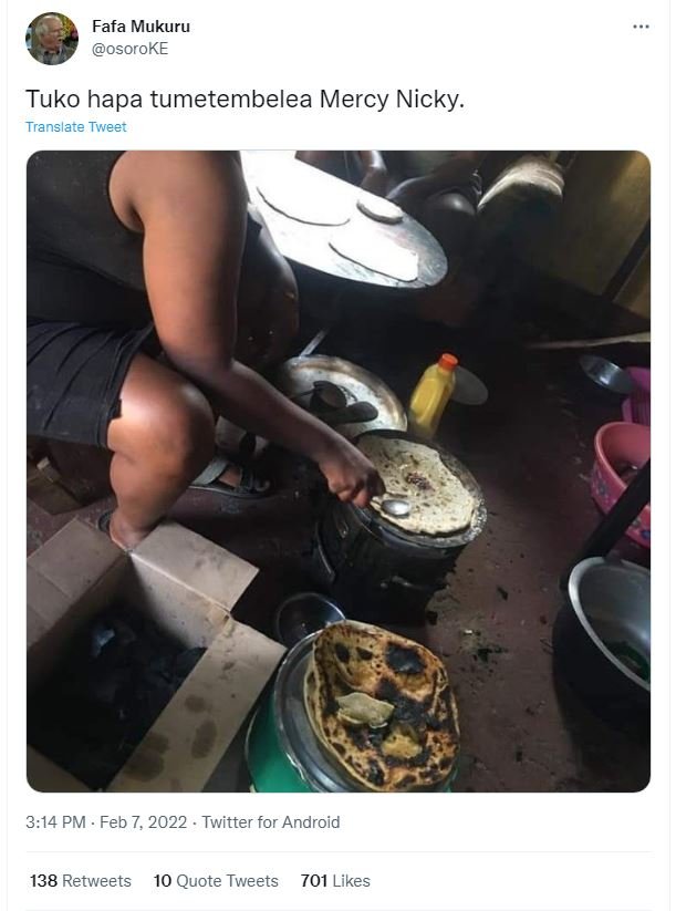 Fafa Mukuru osoroKE Tuko hapa tumetembelea Mercy Nicky. Translate Tweer 3.14 PM