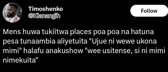 Timoshenko kianangih follow mens huwa tukiitwa places poa poa na hatuna pesa tun