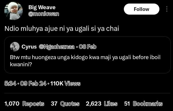 Big weave monicwan follow ndio mluhya ajue ni ya ugali si ya chai cyrus ngachezn
