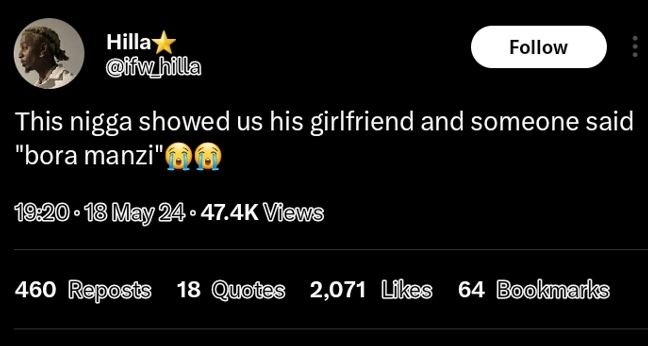 Hilla fmwhilla follow this nigga showed us his girlfriend and someone said bora