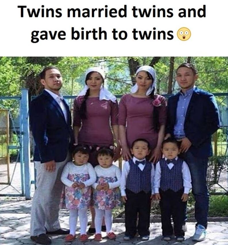 Twins married twins and gave birth to twins