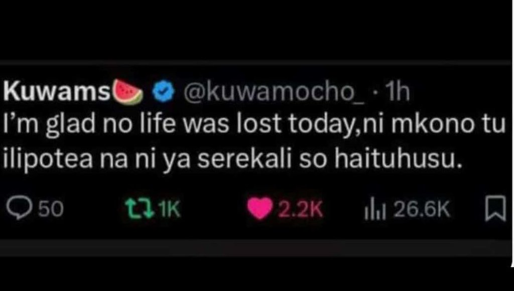 Kuwams kuwamocho 1h lm glad no life was lost todayni mkono tu ilipotea na ni ya