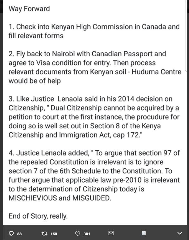 Way forward 1. check into kenyan high commission in canada and fill relevant for