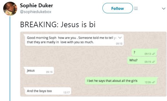 Sophie duker sophiedukebox follow breaking jesus is bi good morning soph now are
