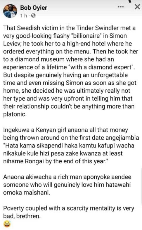 Bob Oyier 1h.0 That Swedish victim in the Tinder Swindler met a very goodlooking