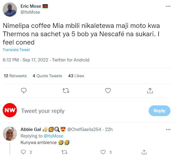 Eric mose itsmose nimelipa coffee mia mbili nikaletewa maji moto kwa thermos na