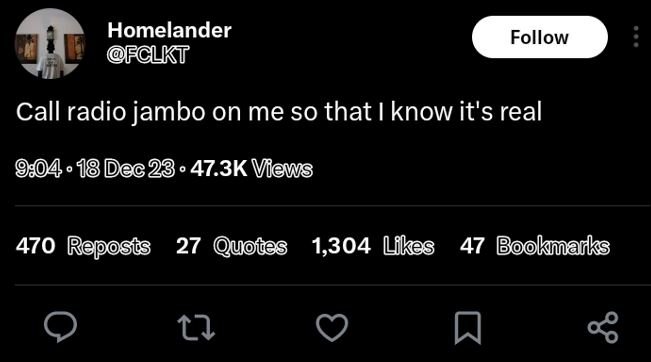 Homelander fclkt follow call radio jambo on me so that know it's real 904. 18 de