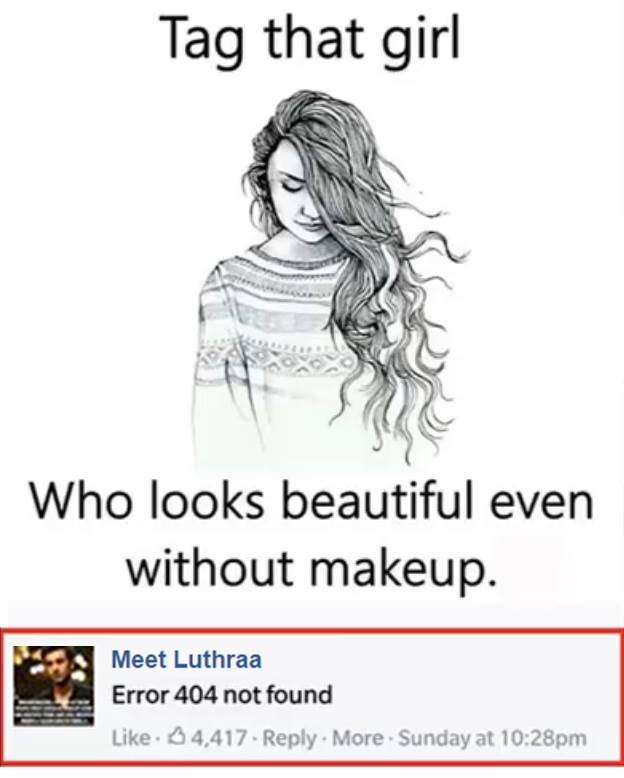 Tag that girl who looks beautiful even without makeup. meet luthraa error 404 no