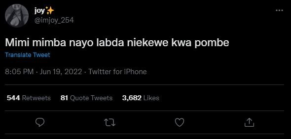 Joy imjoy_254 mimi mimba nayo labda niekewe kwa pombe translate tweet 8.05 pm ju