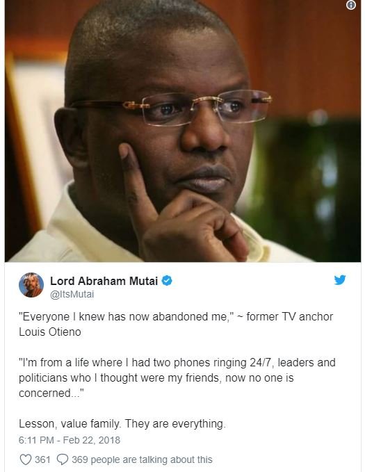 Lord abraham mutai itsmutai 'everyone knew has now abandoned me louis otieno for