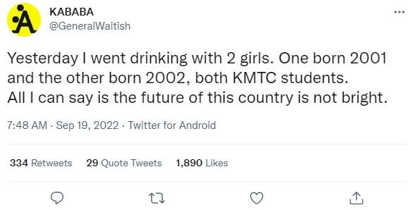 Kababa generalwaitish yesterday went drinking with 2 girls. one born and the oth