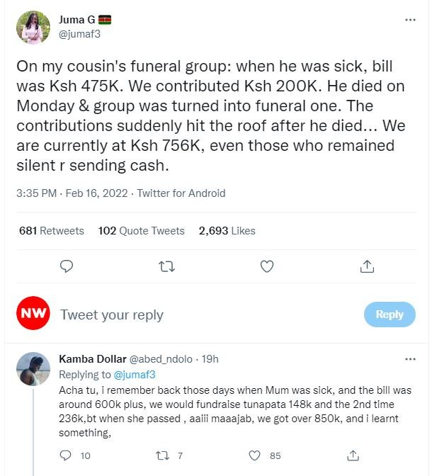 Juma G jumaf3 On my cousin's funeral group when he was sick bill was Ksh 475K. W