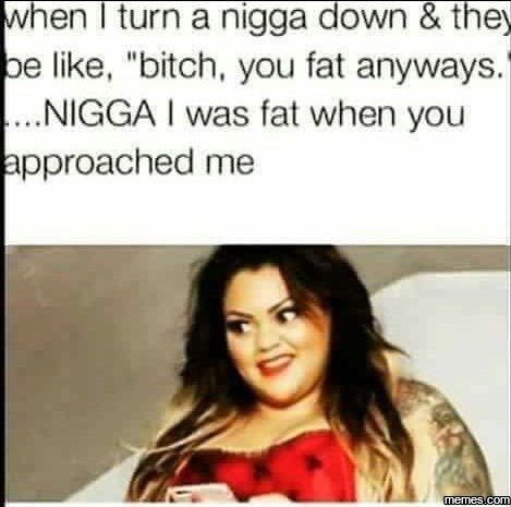 When turn a nigga down they pe like bitch you fat anyways. nigga was fat when yo