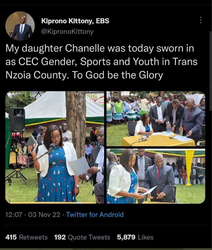 Kiprono kittony ebs kipronokittony my daughter chanelle was today sworn in as ce