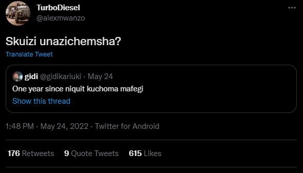 Turbodiesel alexmwanzo skuizi unazichemsha? translate tweet gidi gidikariuki . m