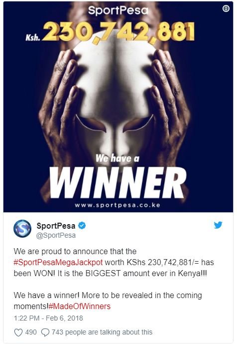 Sportpesa ksh. 230,742,881 we hove winner sportpesa sportpesa sportpesa we are p