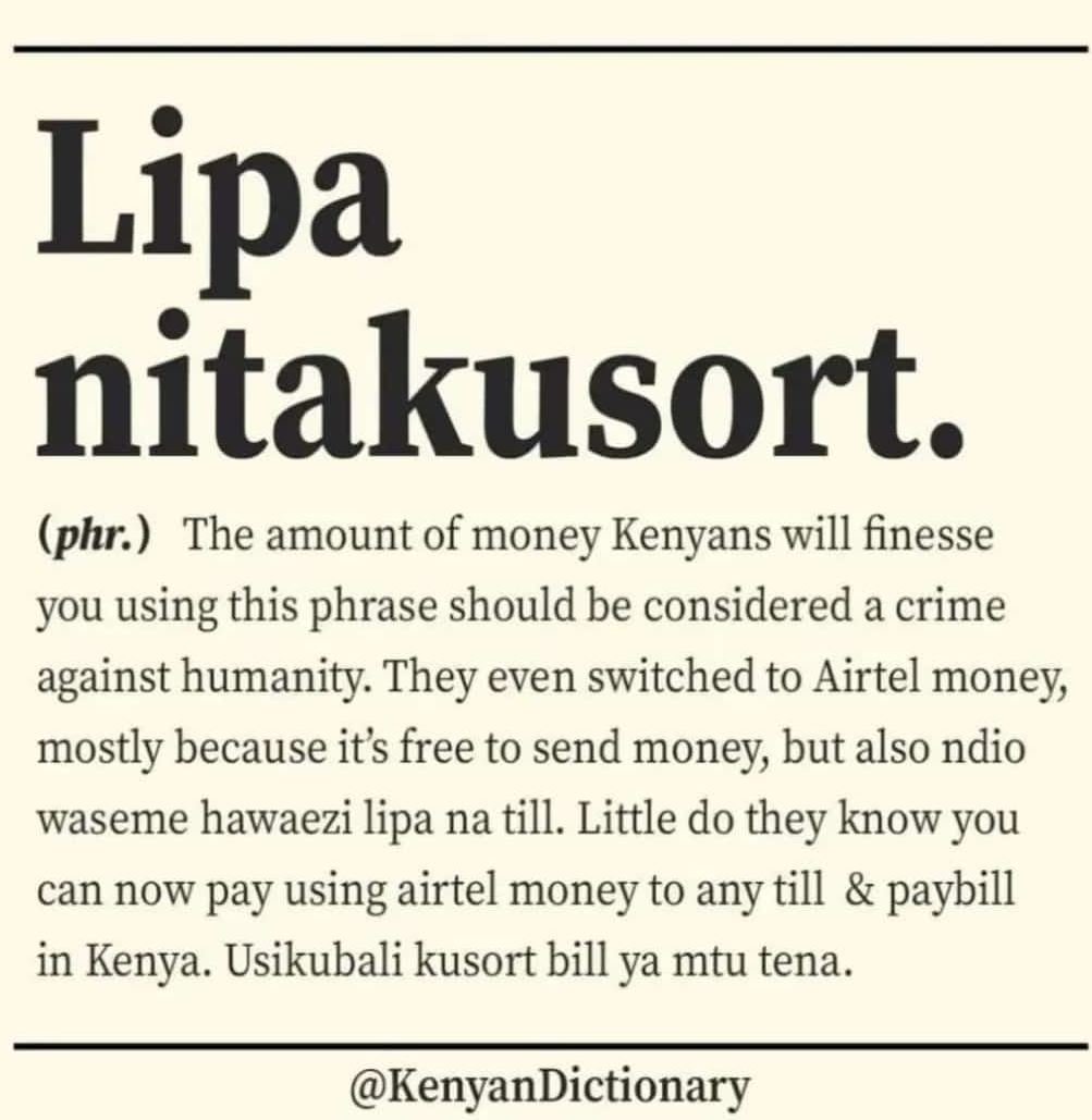 Lipa nitakusort. phr the amount of money kenyans will finesse you using this phr