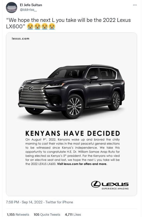 El jefe sultan iddrriss 'we hope the next l you take will be the lexus lx6oo fèf