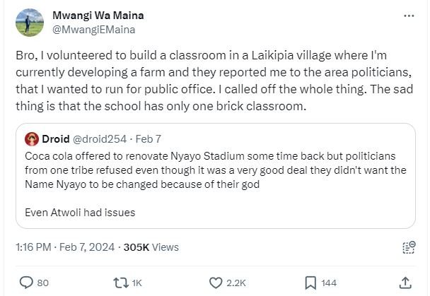 Mwangi wa maina mwangiemaina bro, volunteered to build classroom in a laikipia v