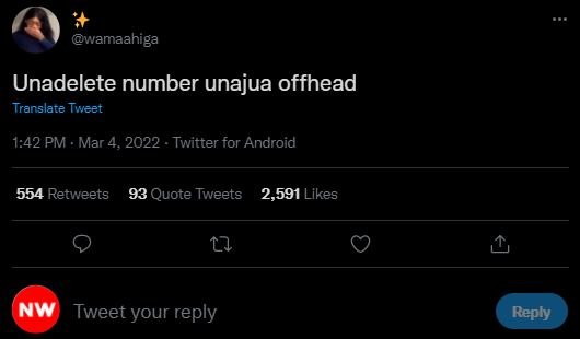 wamaahiga Unadelete number unajua offhead Translate Tweet PM . Mar 4, Twitter fo