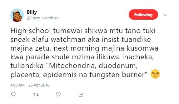 Billy crazy_nairobian following high school tumewai shikwa mtu tano tuki sneak a