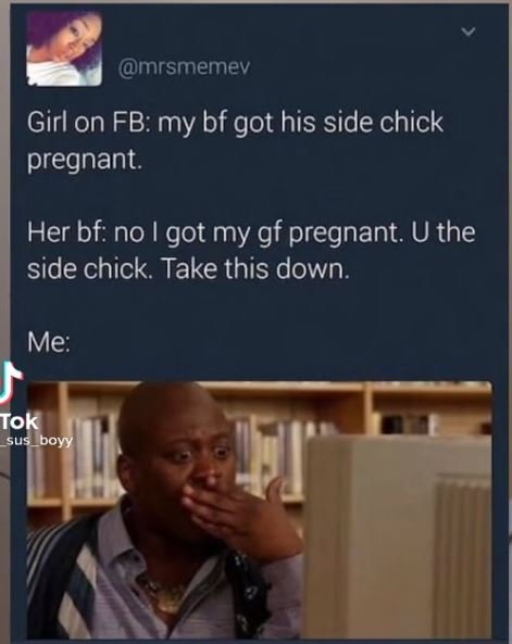 Mrsmemev girl on fb my bf got his side chick pregnant. her bf no got my gf pregn