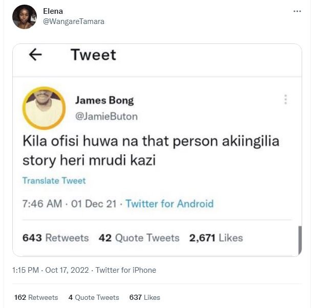 Elena wangaretamara tweet james bong jamiebuton kila ofisi huwa na that person a