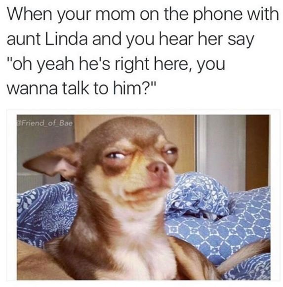When your mom on the phone with aunt linda and you hear her say oh yeah he's rig