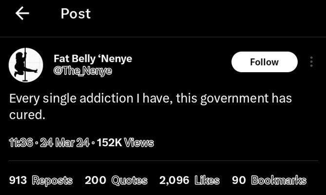 Post fat belly 'nenye thnenye follow every single addiction i have, this governm