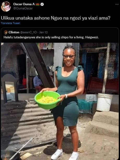 Oscar Ouma A OumaOscer Ulikua unataka ashone Nguo na ngozi ya viazi ama? Transla