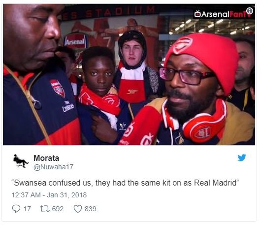 Barsenalfan morata nuwaha17 swansea confused us, they had the same kit on as rea
