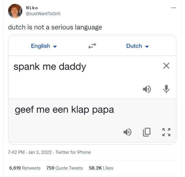 Niko JustWantToGrill dutch is not a serious language English Dutch spank me dadd