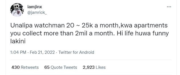 iamjinx jamrick Unalipa watchman 20 25k a month,kwa apartments you collect more