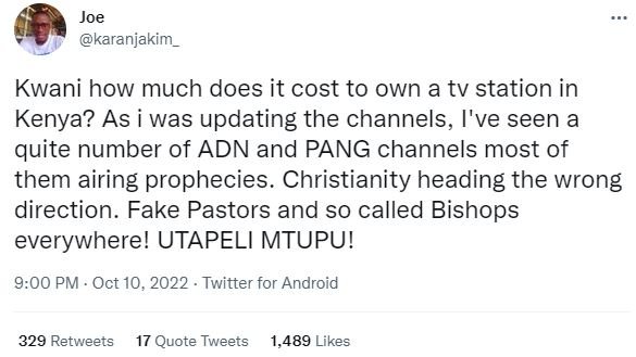 Joe karanjakim _ kwani how much does it cost to own a tv station in kenya? as wa