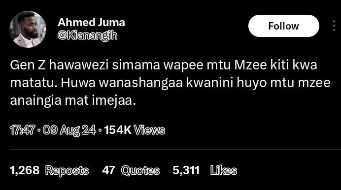 Ahmed juma kianangih follow gen z hawawezi simama wapee mtu mzee kiti kwa matatu