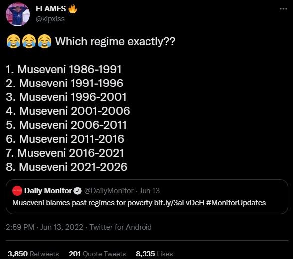 Flames kipxiss which regime exactly?? 1. museveni 2. museveni 3. museveni 4. mus