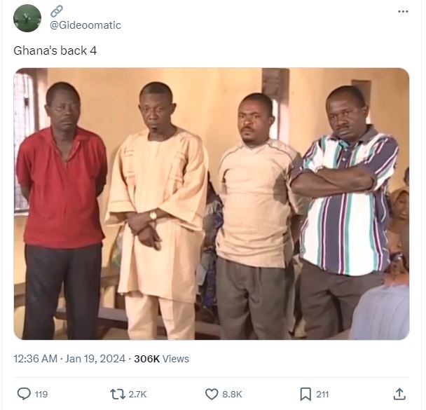 Gideoomatic ghana's back 4 12.36 am jan 19, 306k views 0 n9 t2 27k 8.8k 211