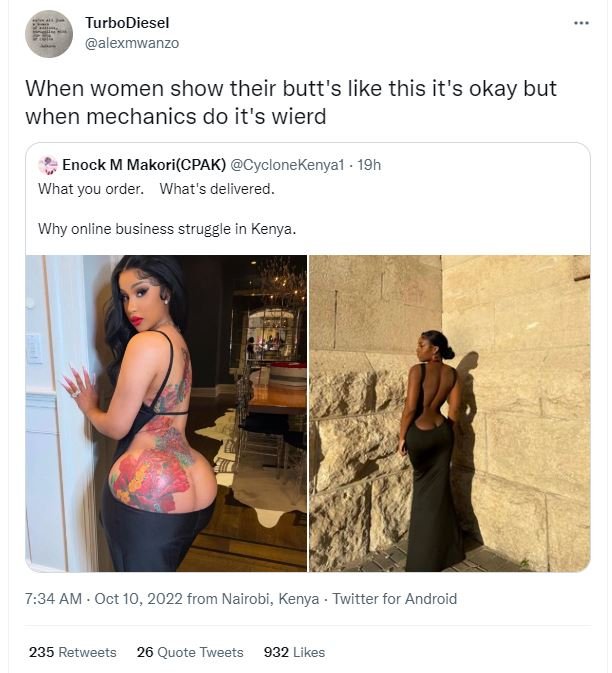 Turbodiesel alexmwanzo when women show their butt's like this it's okay but when