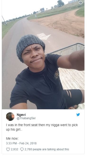 Ngevi thabangser fwas in the front seat then my nigga went to pick up his girl.