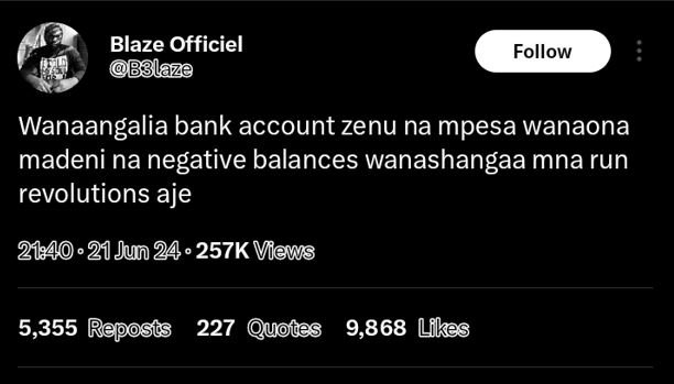 Blaze officiel bblaze follow wanaangalia bank account zenu na mpesa wanaona made
