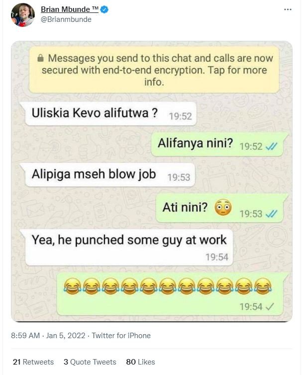 Brian Mbunde Brianmbunde Messages you send to this chat and calls are now secure