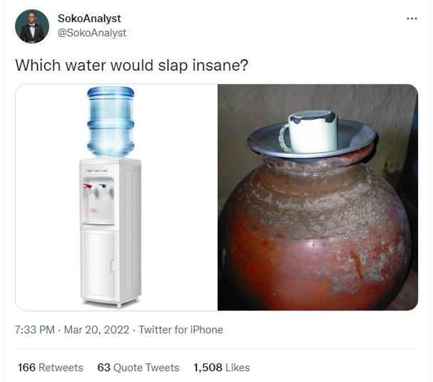 Sokoanalyst sokoanalyst which water would slap insane? 7.33 pm mar 20. twitter f