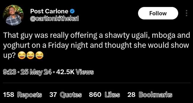 Post carlone rbgonkidhekal follow that guy was really offering a shawty ugali, m