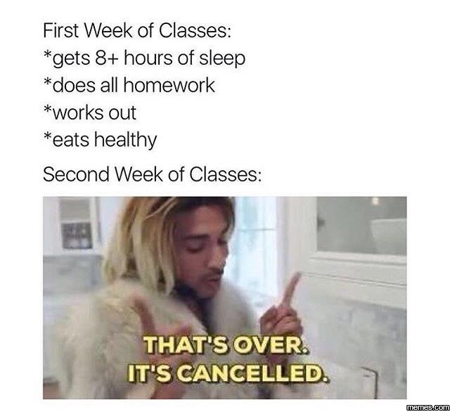 First week of classes gets 8 hours of sleep does all homework works out eats hea