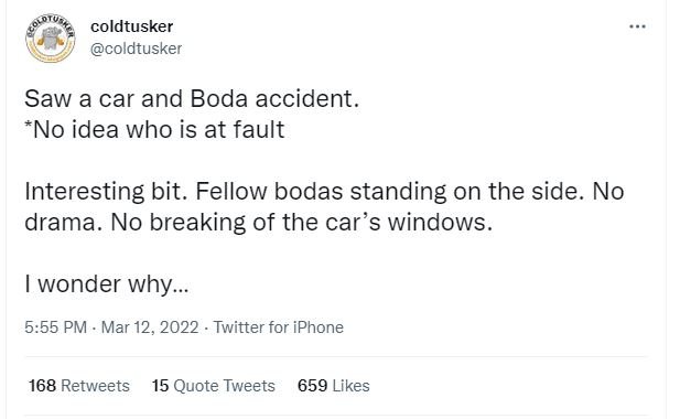 Coldtusker coldtusker saw a car and boda accident. no idea who is at fault inter