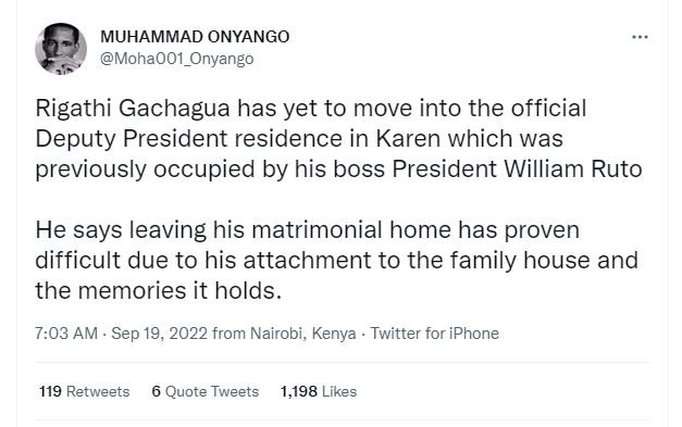 Muhammad onyango mohaoo1_onyango rigathi gachagua has yet to move into the offic